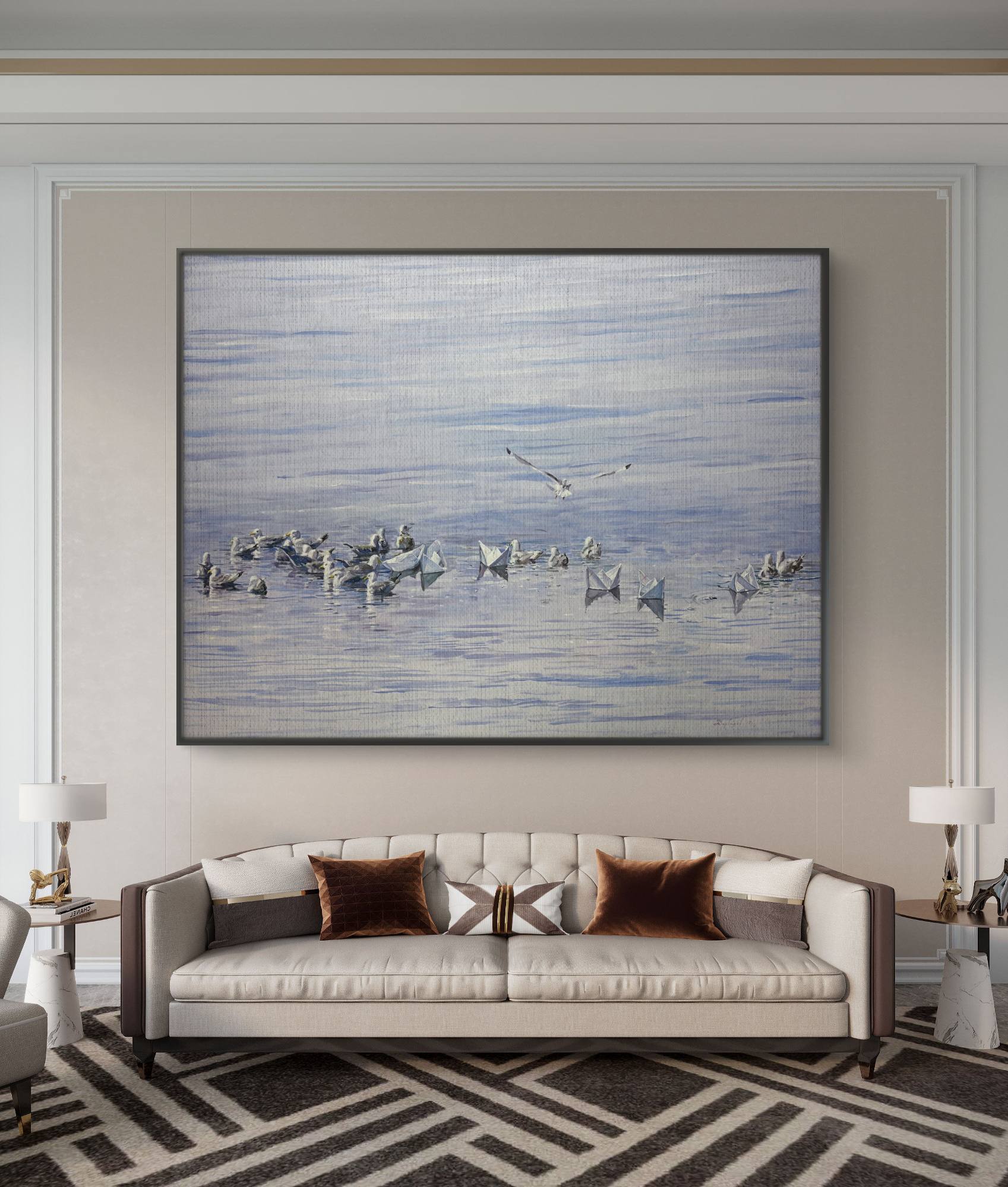 Living room with a large abstract painting of birds over water on the wall above a sofa.