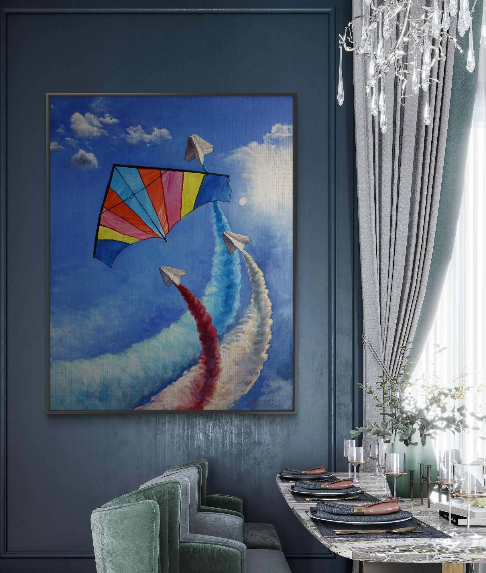 Colorful kite painting on a blue wall in a stylish room with a chandelier and table setting.