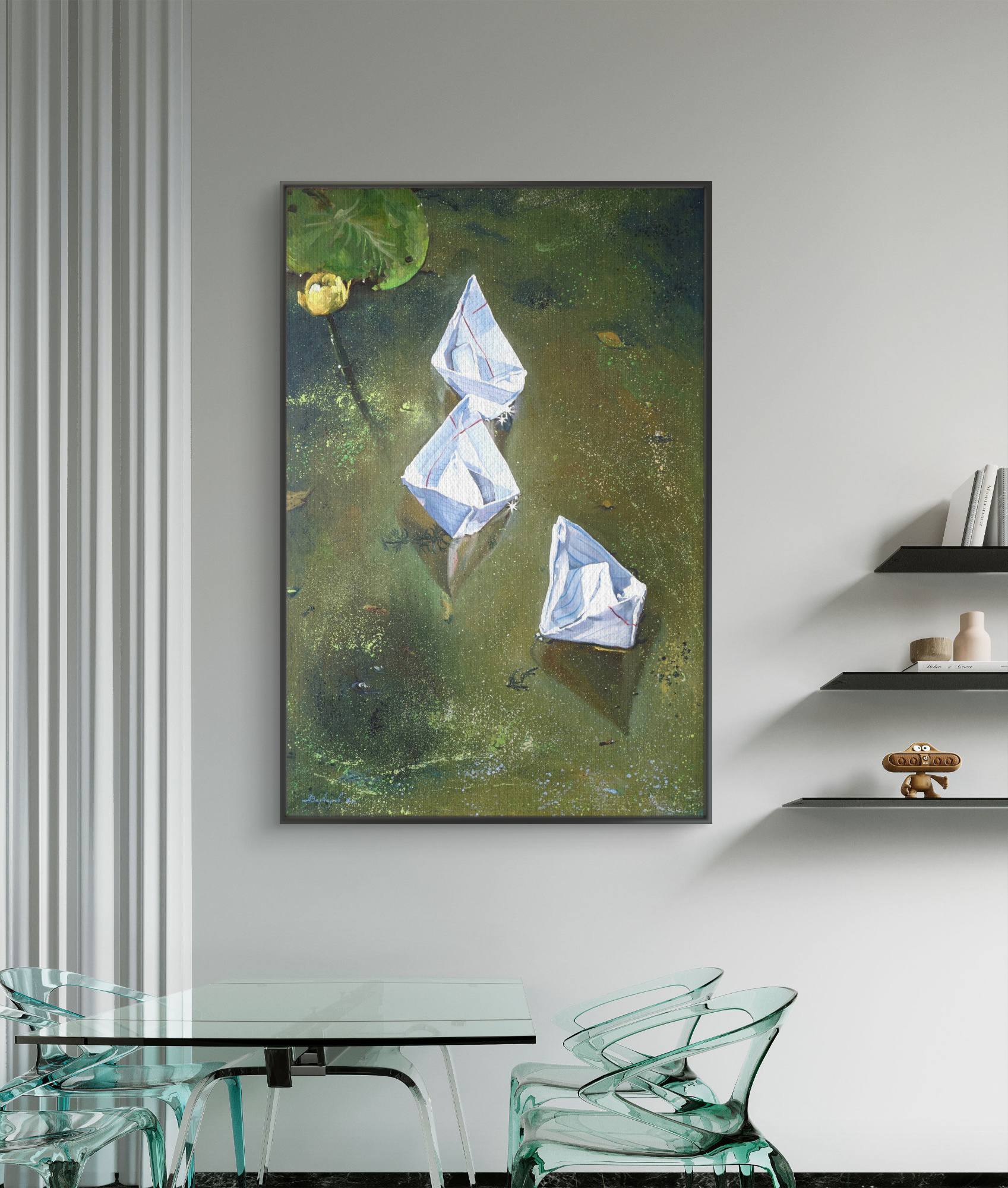 Landscape painting of geometric shapes on a wall above a glass table