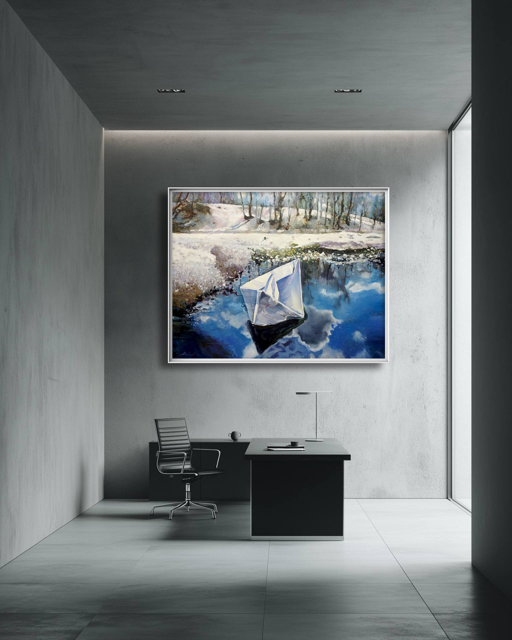 Modern office with a large wall-mounted TV displaying a nature scene.