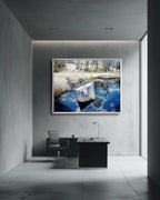 Modern office with a large wall-mounted TV displaying a nature scene.