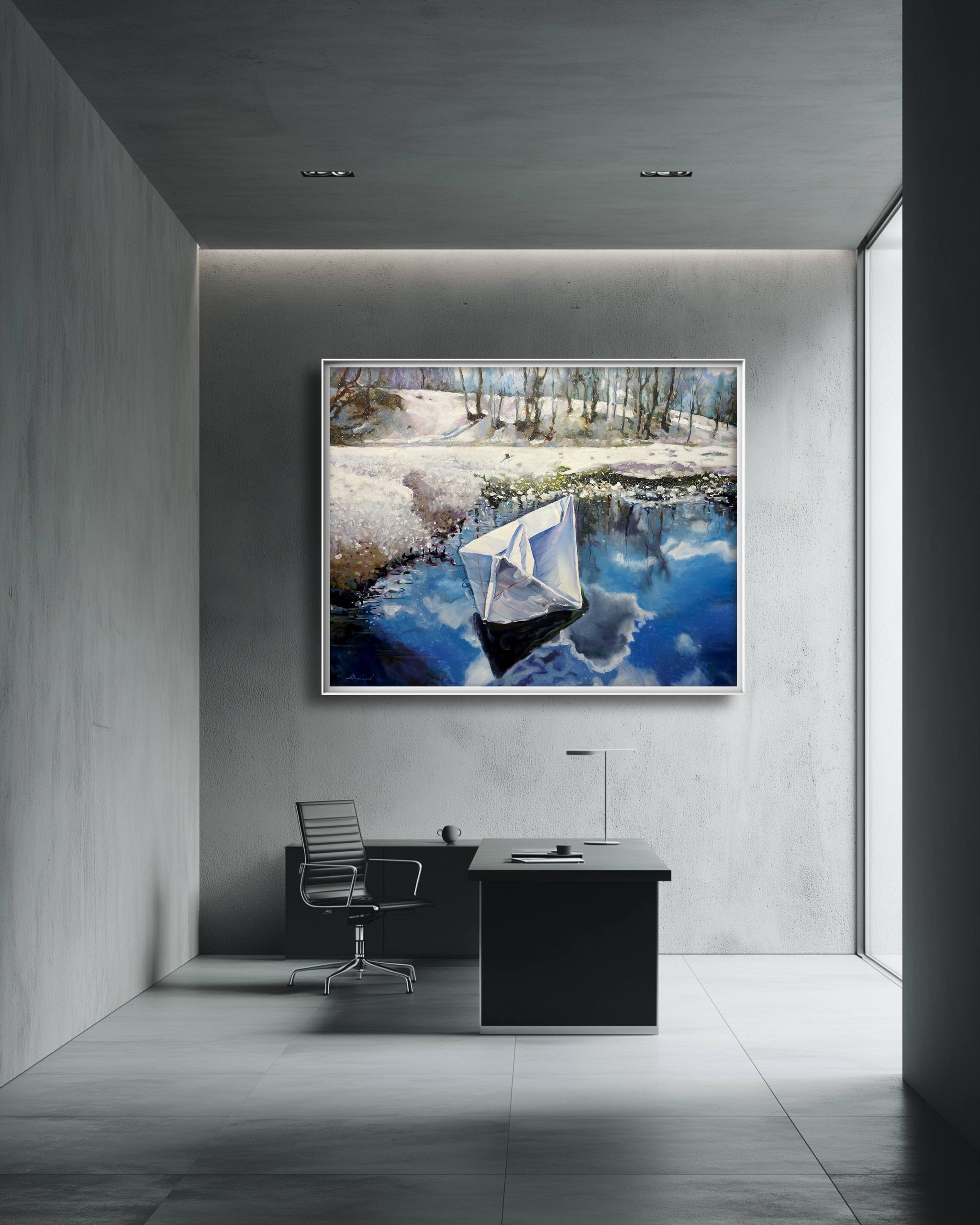 Modern office with a large wall-mounted TV displaying a nature scene.