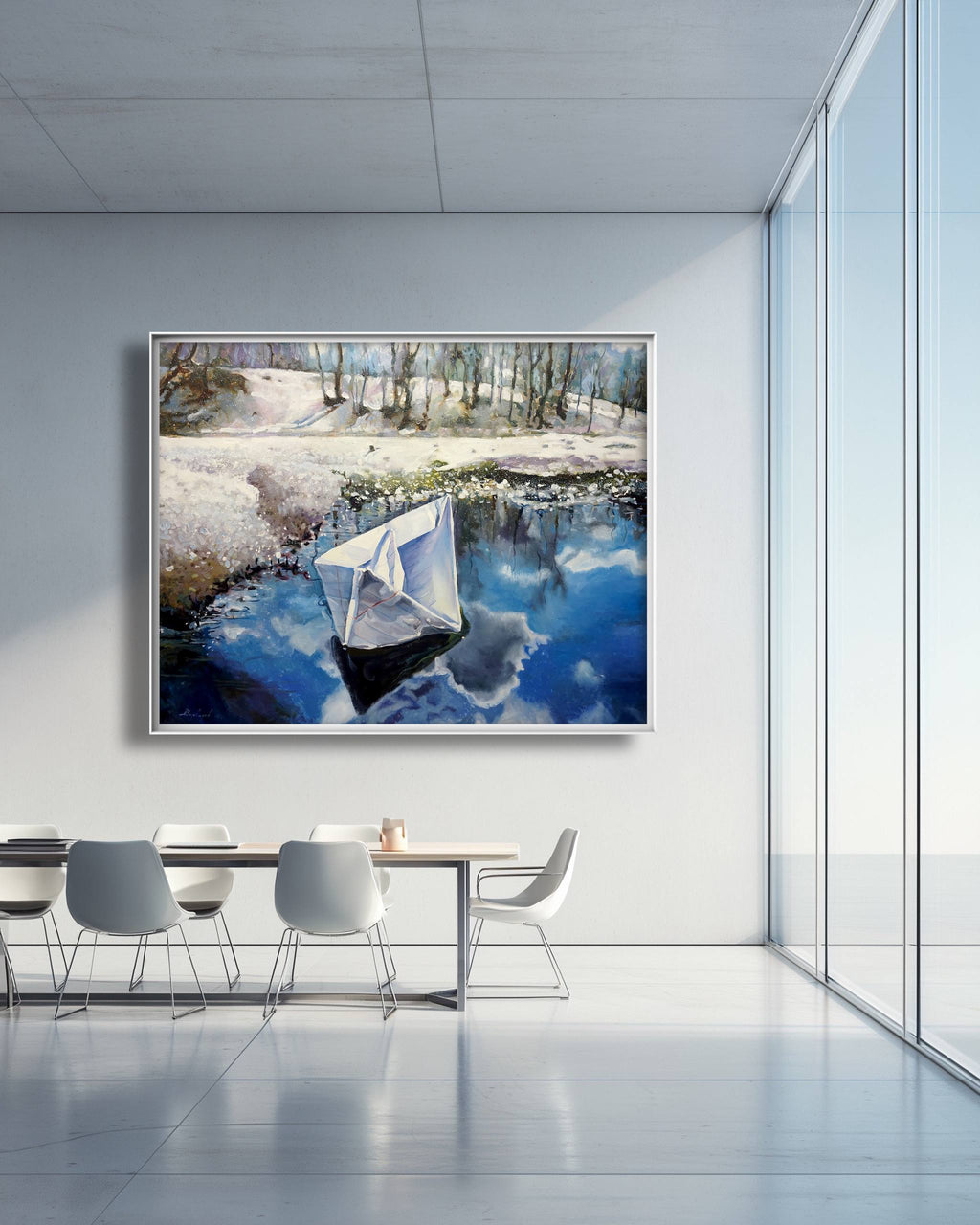 Modern interior with a large abstract painting on the wall