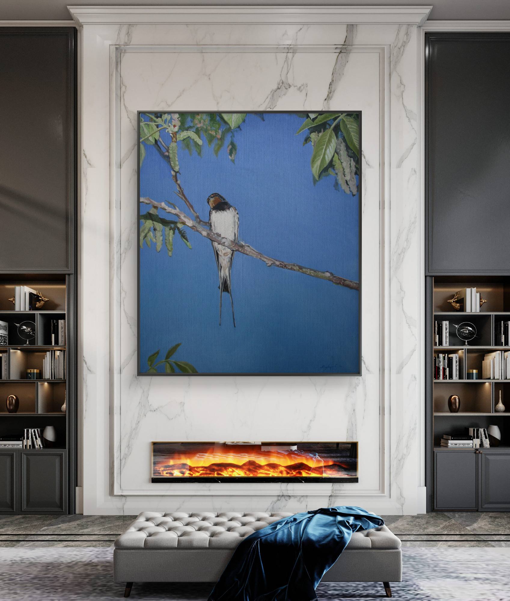 Modern living room with a fireplace and wall art of a bird on a branch.
