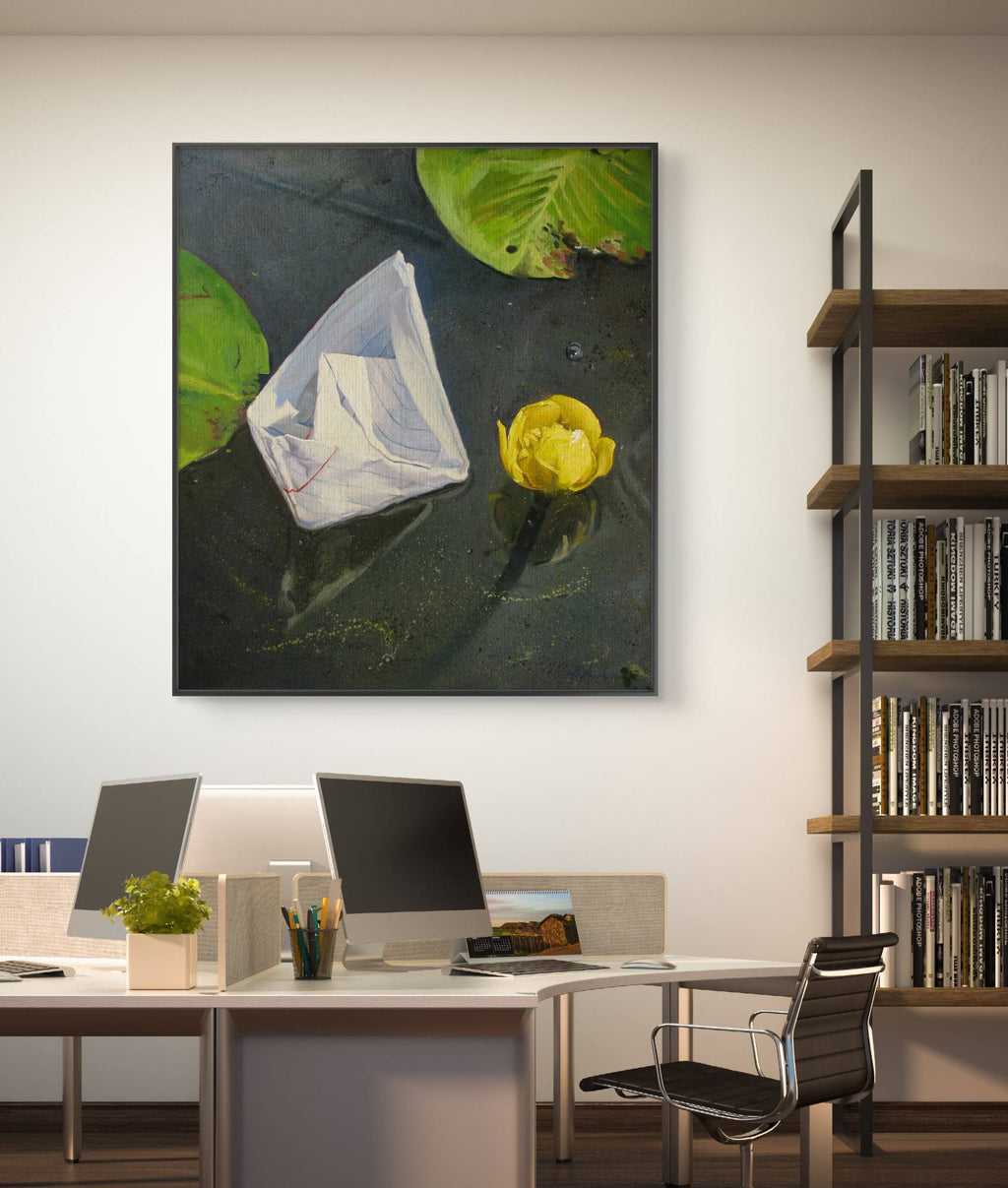 Modern office interior with a desk, computer, and bookshelf featuring a painting of a flower and leaves.