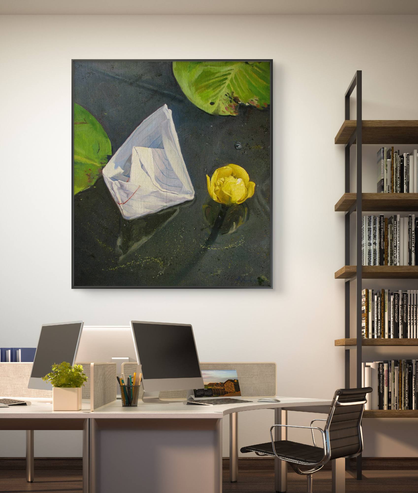 Modern office interior with a desk, computer, and bookshelf featuring a painting of a flower and leaves.