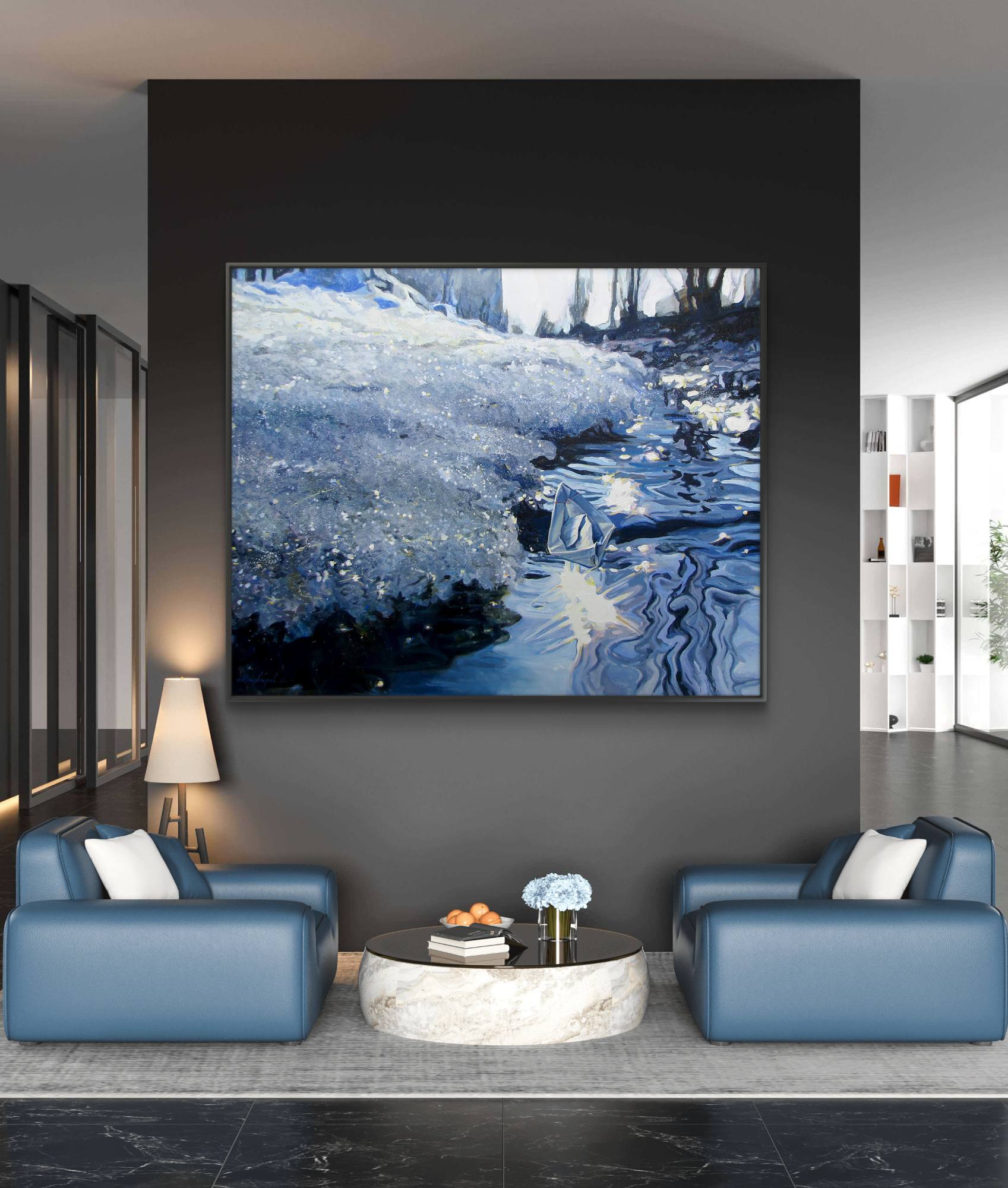Modern living room with blue sofas and a large abstract painting on the wall.