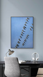 Framed artwork of birds on a blue background above a desk with a lamp and chair.