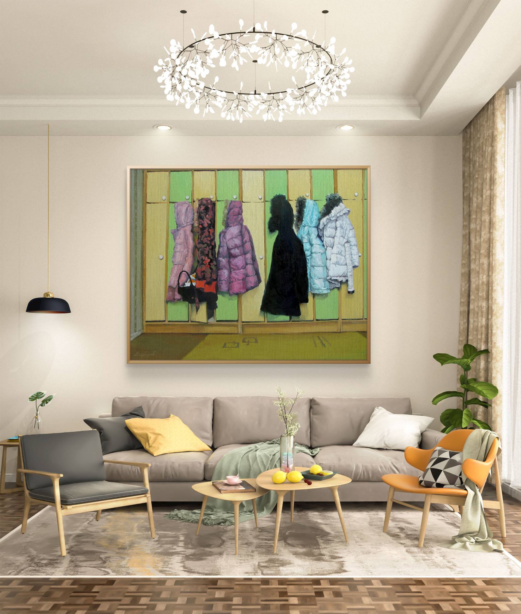 Colorful coats in living room