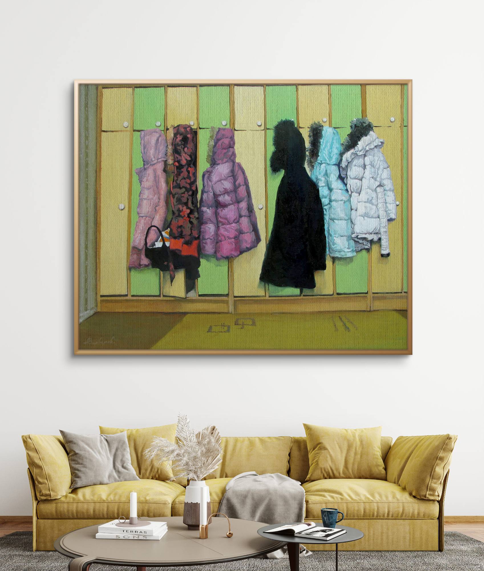 Colorful coats on wall