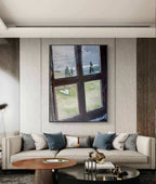 Modern living room with a large window painting on the wall above a sofa.