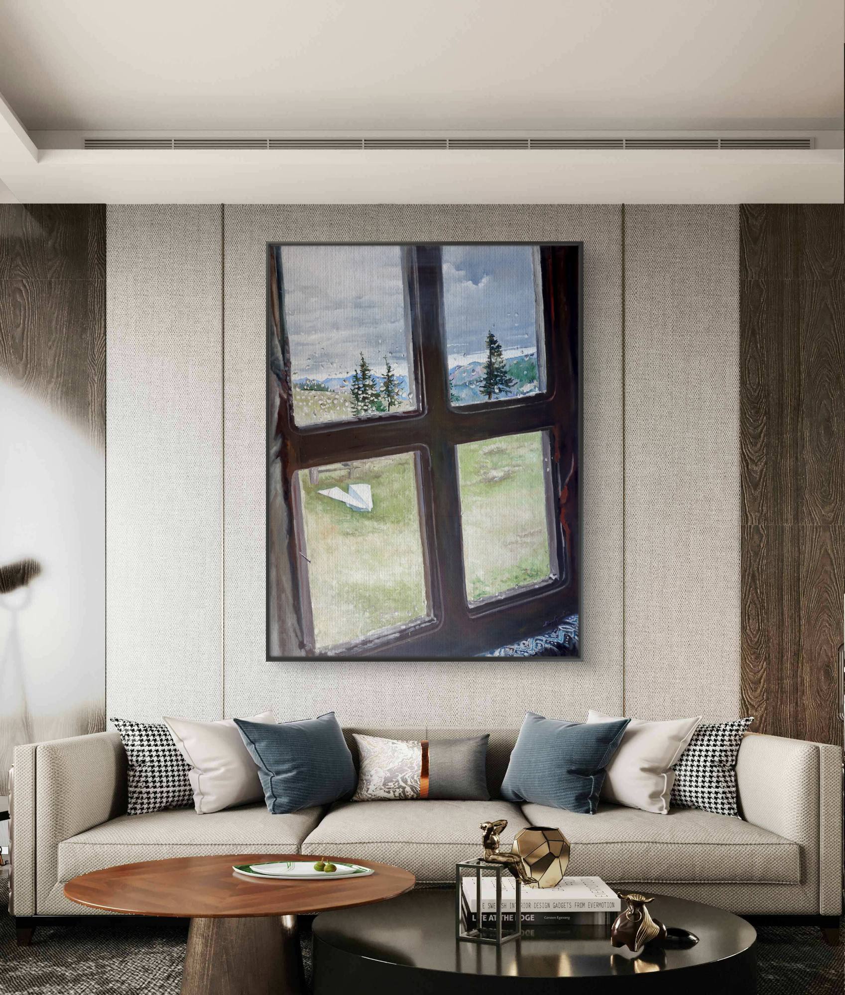 Modern living room with a large window painting on the wall above a sofa.