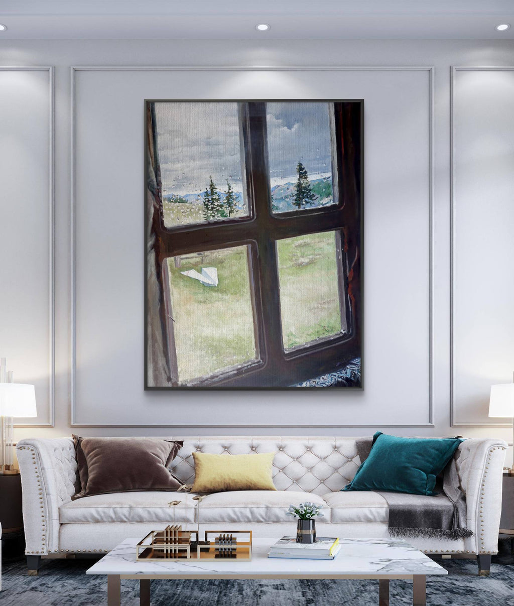 Modern living room with a white sofa, coffee table, and large window painting on the wall.