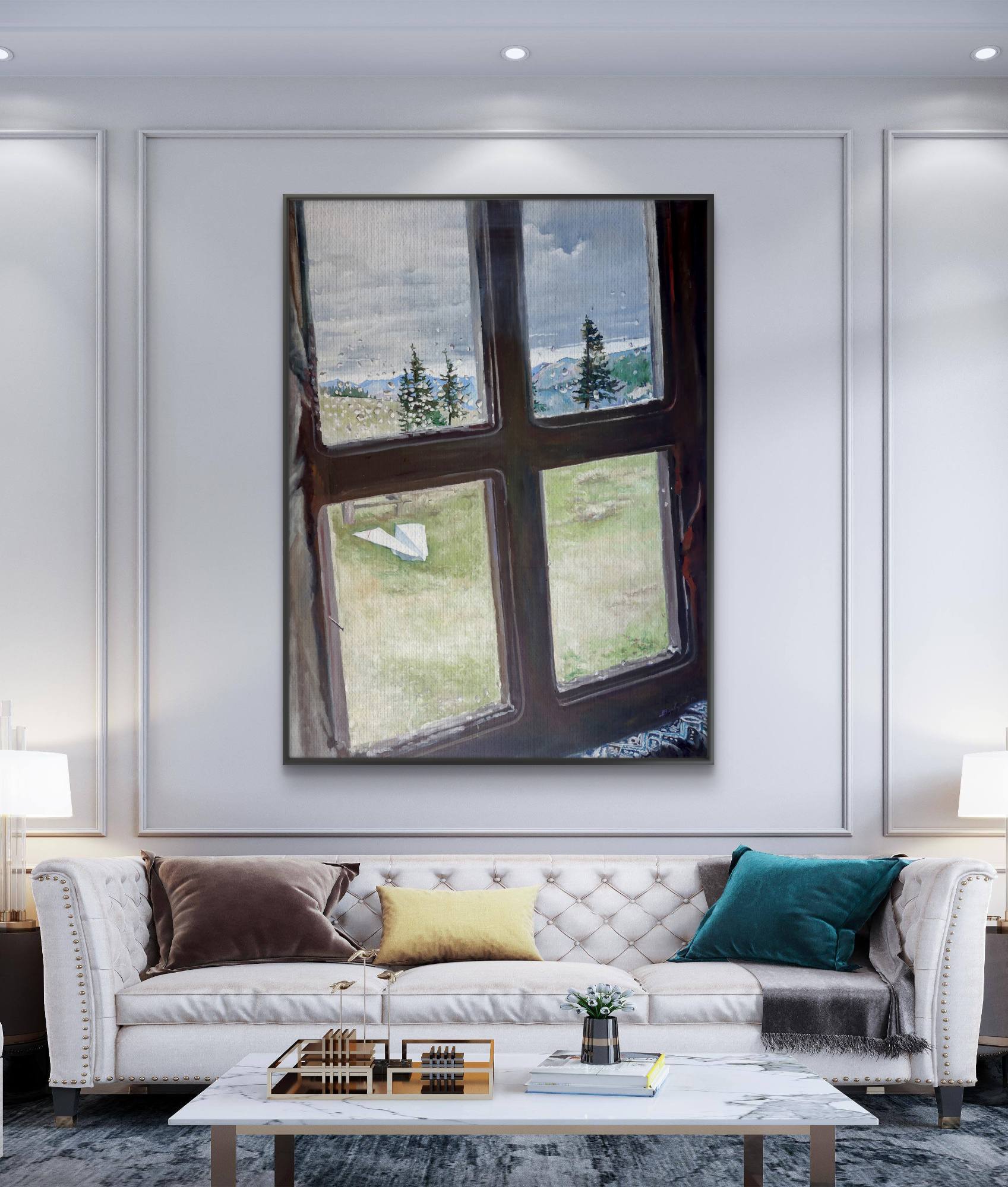 Modern living room with a white sofa, coffee table, and large window painting on the wall.