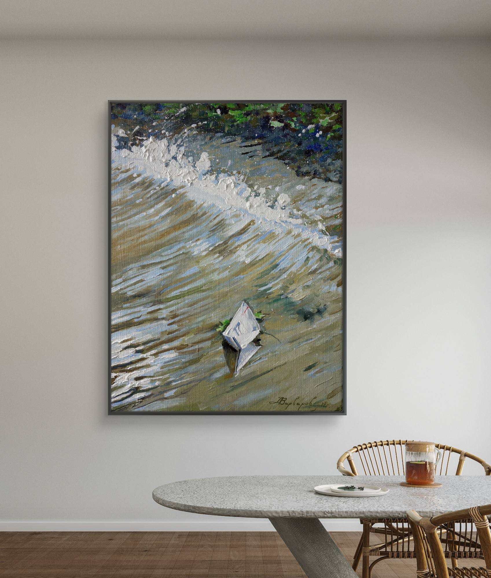 Framed abstract painting on a wall above a dining table