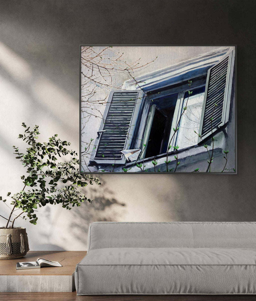 Framed window scene near the living room