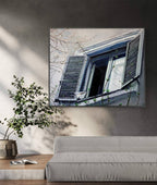 Framed window scene near the living room