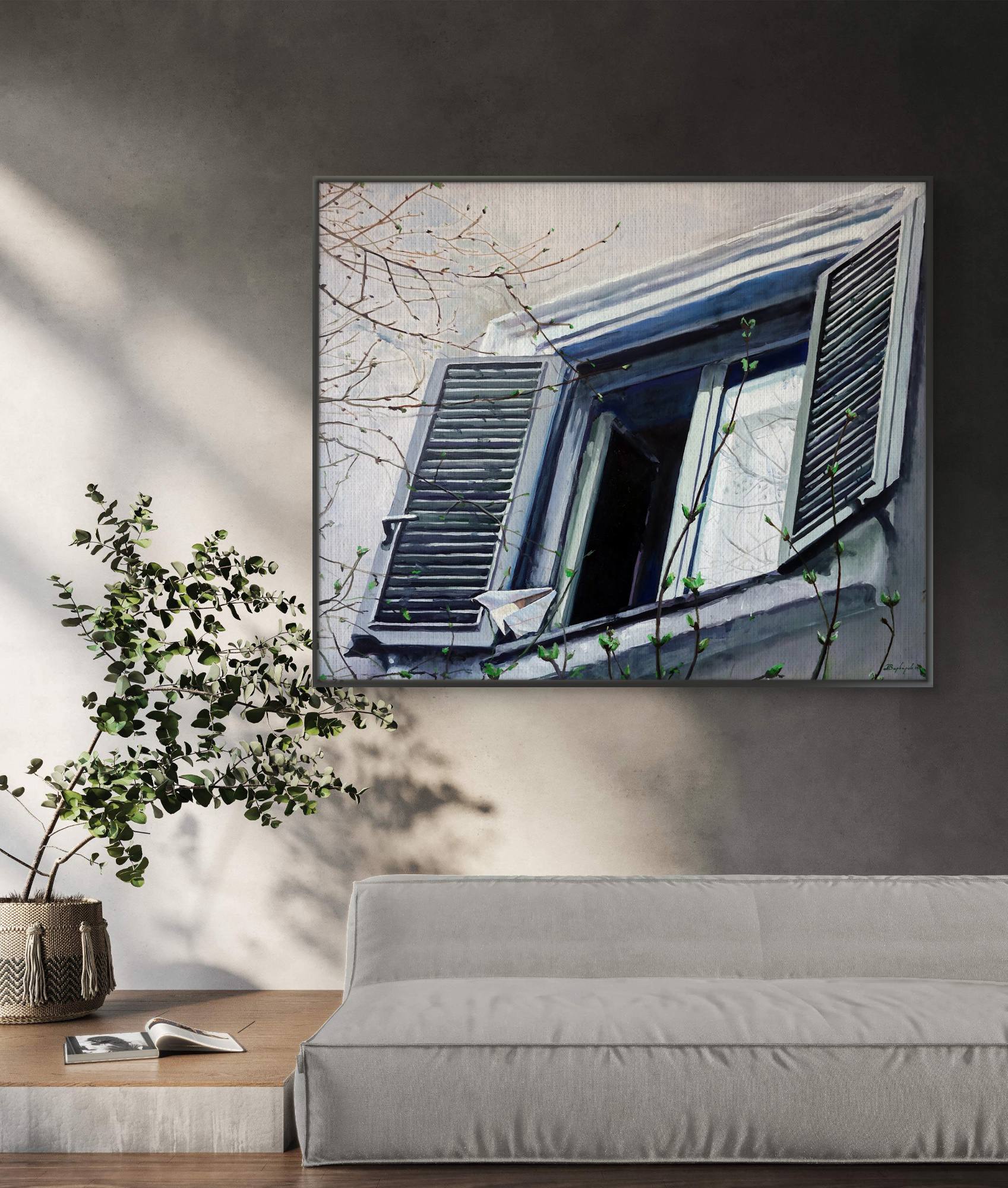 Framed window scene near the living room