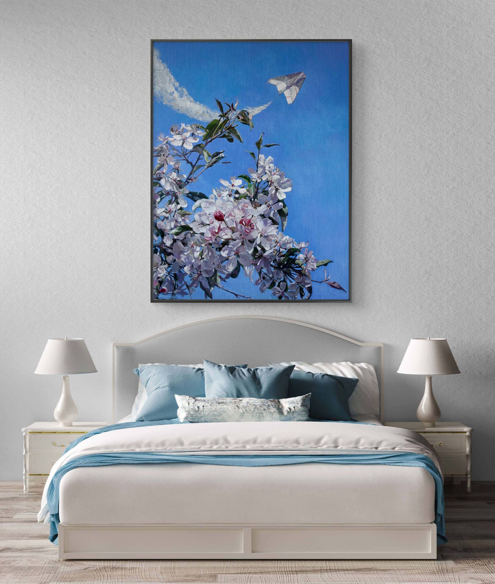 Bedroom with a large floral painting above the bed