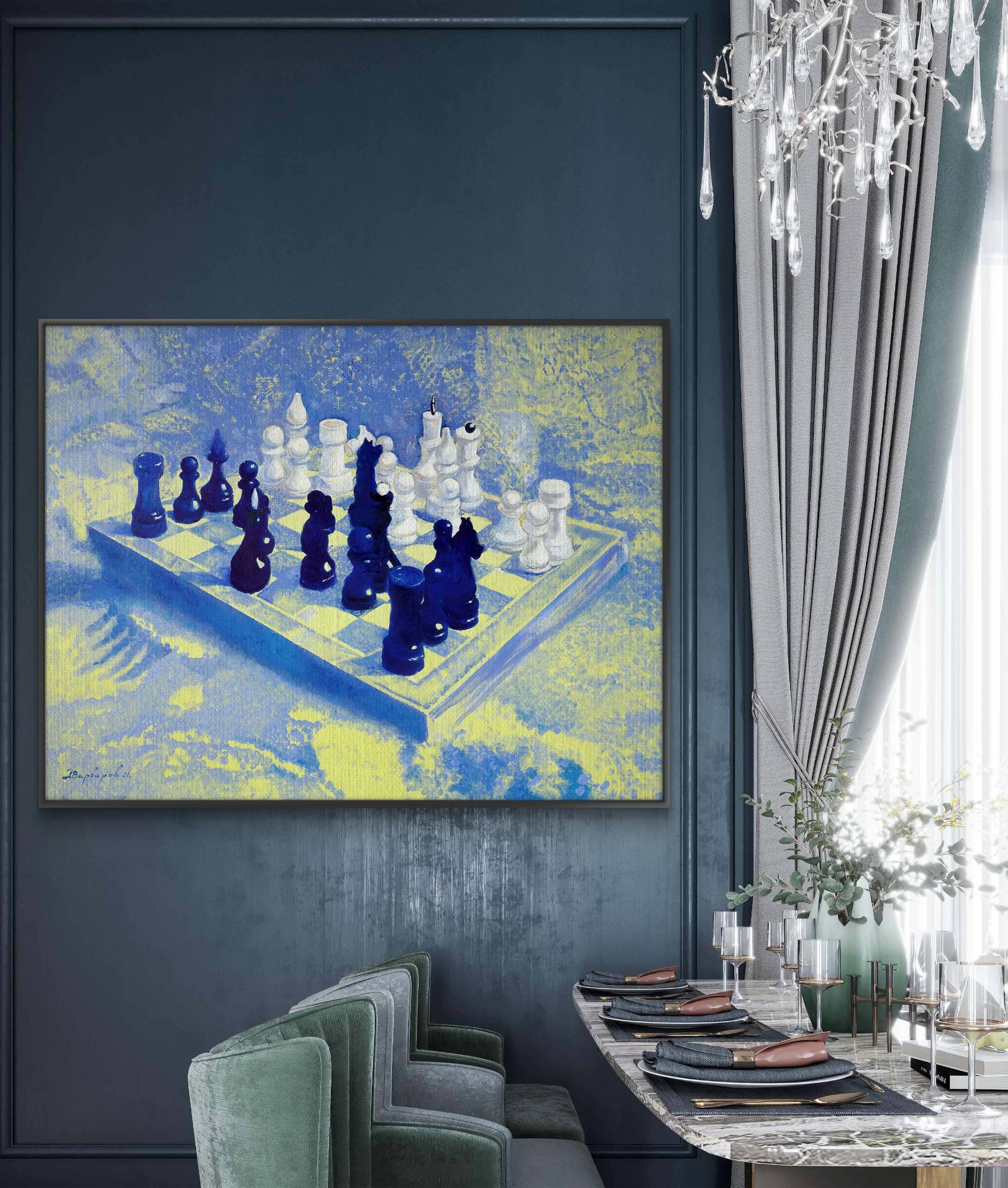 Framed abstract painting of a chessboard with blue and white pieces in a modern dining room.