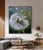 Framed artwork of a dandelion in a living room setting