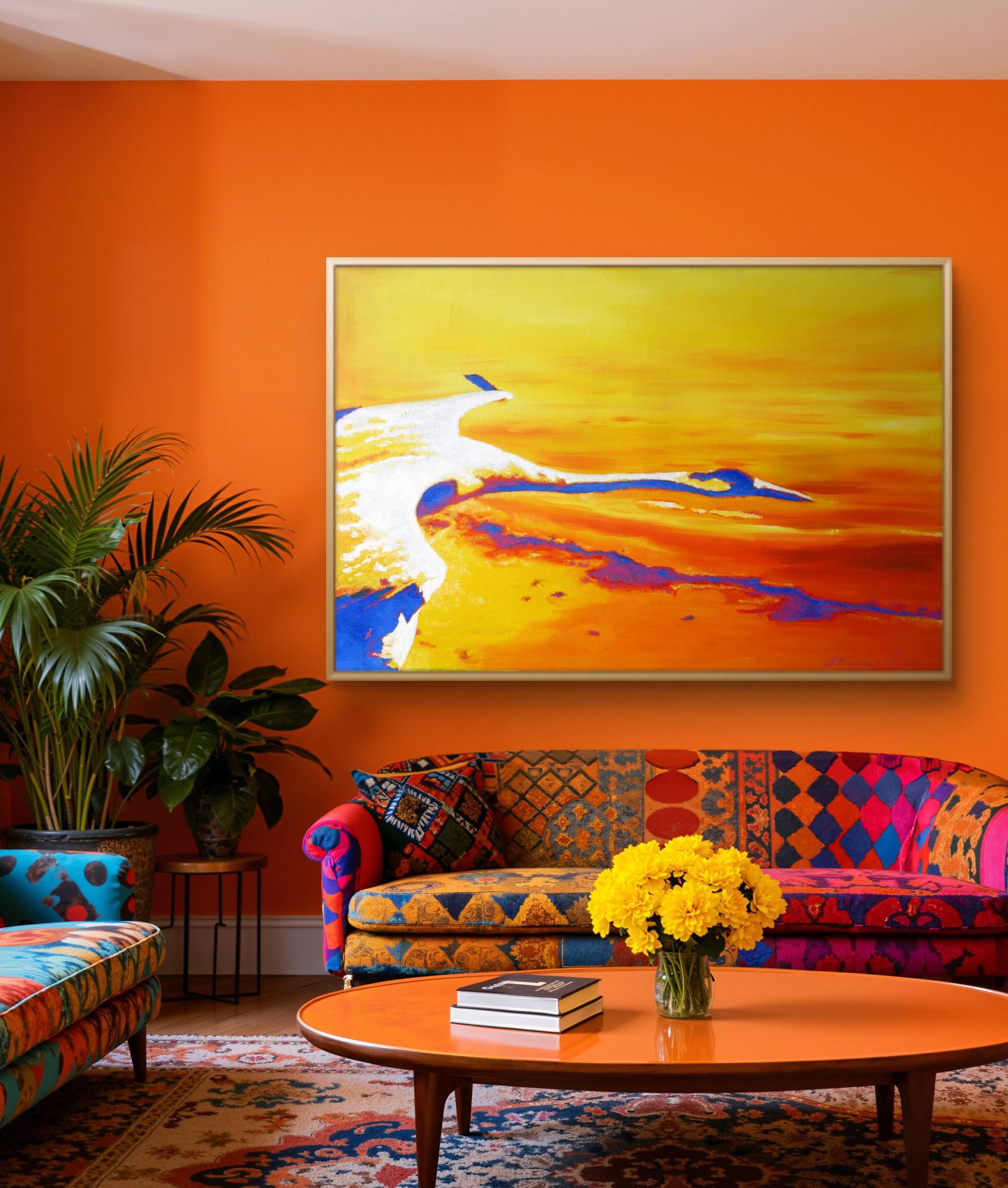Colorful living room with abstract painting, patterned sofa, and round coffee table.