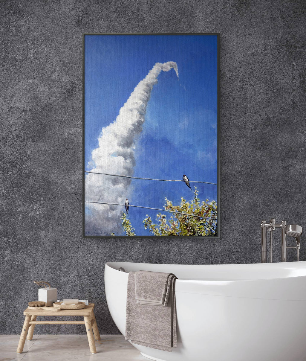 Framed print near the bathroom