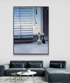 Framed artwork of a room interior with blinds and decor on a wall above a sofa.