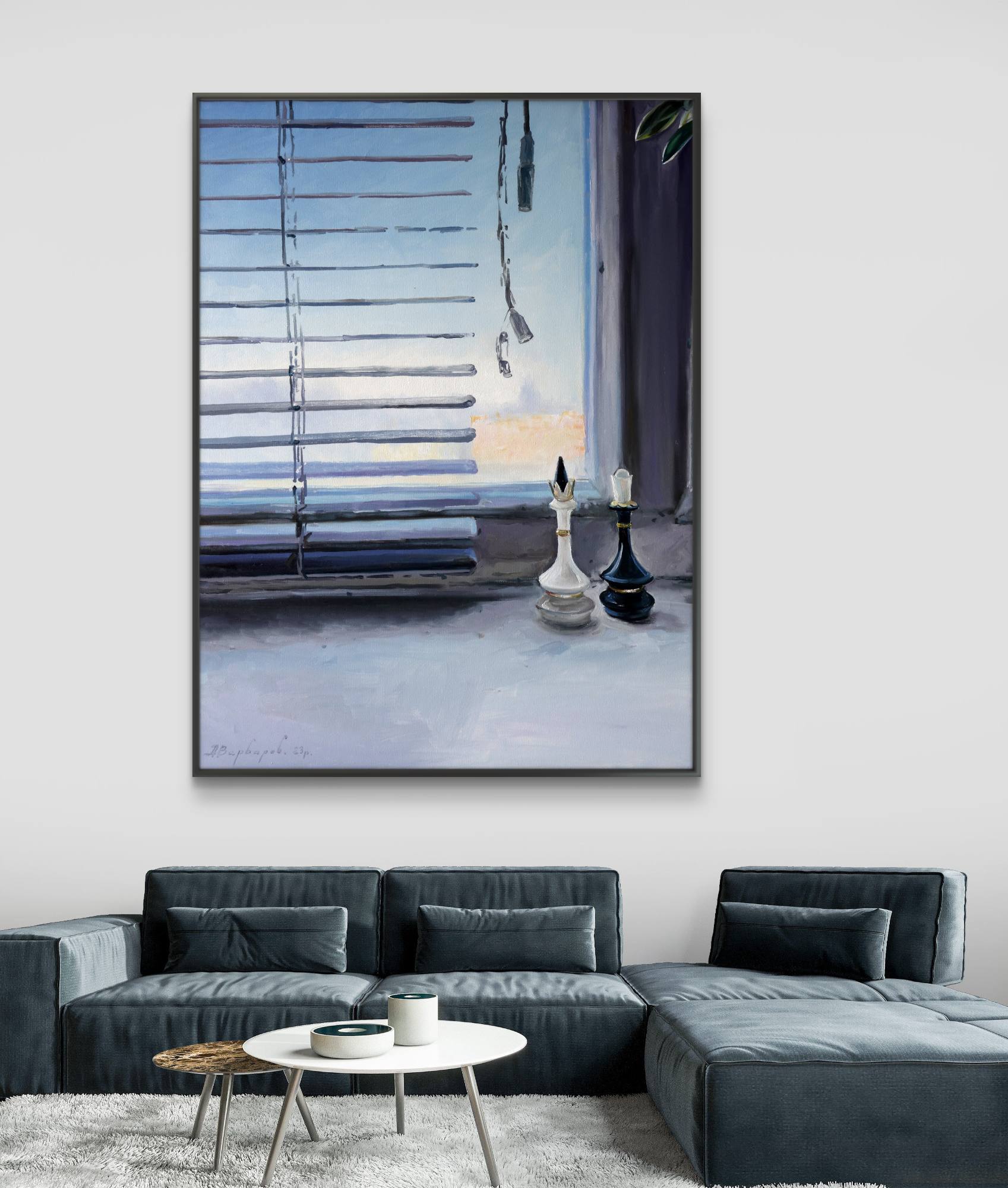 Framed artwork of a room interior with blinds and decor on a wall above a sofa.