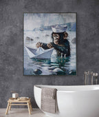 Framed artwork of a monkey with a sailor hat and paper boat on a gray wall above a bathtub.