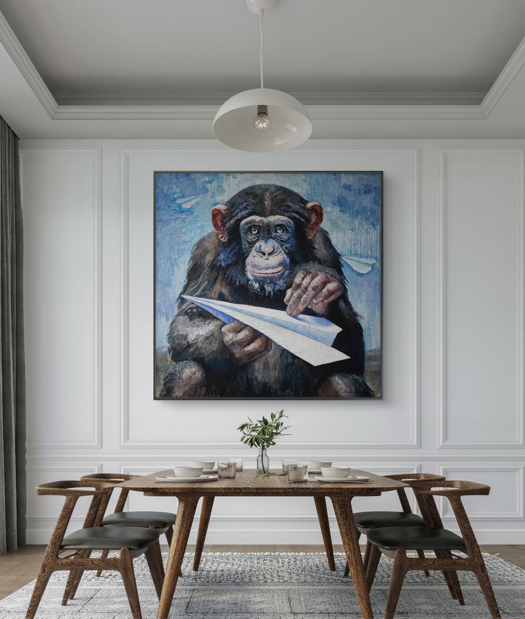 Dining room with a large painting of a chimpanzee holding a paper airplane on the wall.