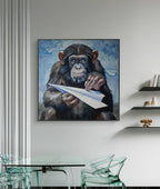Painting of a chimpanzee holding a paper airplane in a modern interior setting.