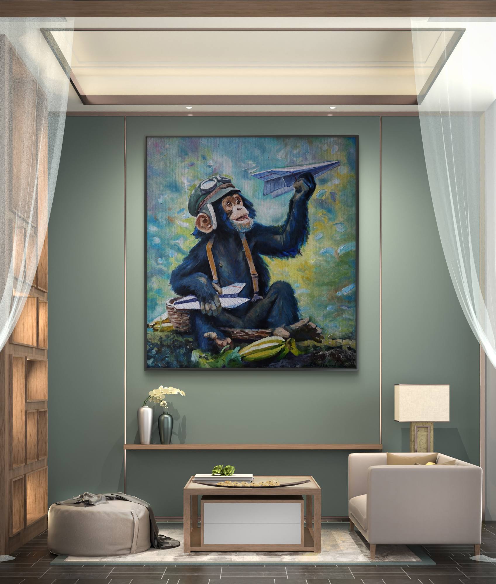 Living room with a painting of a monkey holding a newspaper on a green wall.