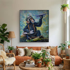 Living room with an orange sofa, decorative plants, and a colorful painting of a monkey holding a paper airplane.