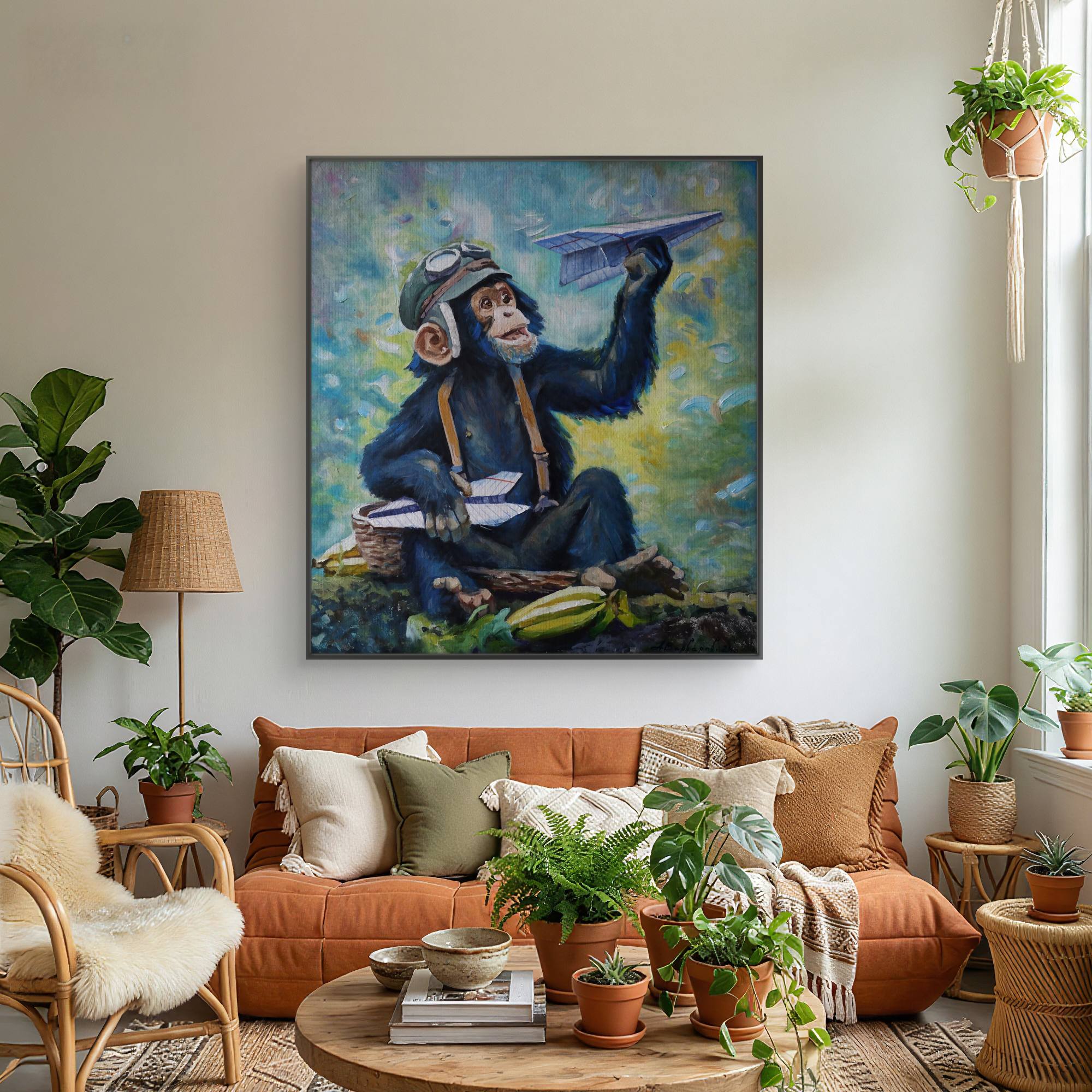 Living room with an orange sofa, decorative plants, and a colorful painting of a monkey holding a paper airplane.