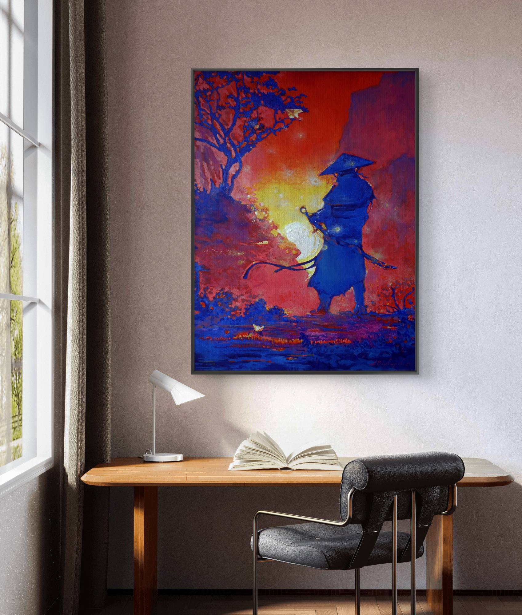 Framed artwork of a warrior silhouette against a red sky in a room with a desk and chair.