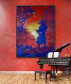 Piano with a bench in front of a large abstract painting on a red wall.