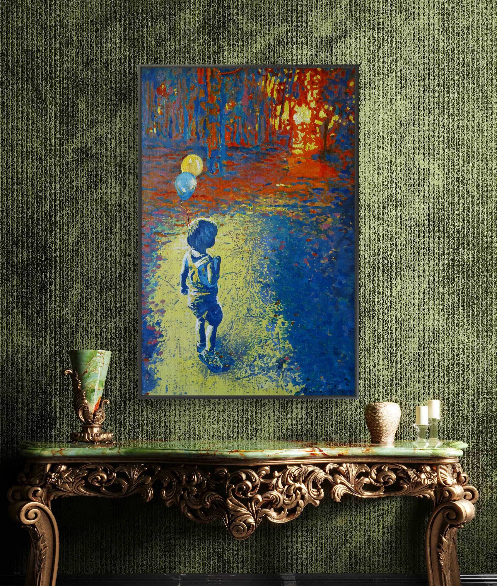 Abstract painting of a child with a balloon on a textured green wall above an ornate console table.