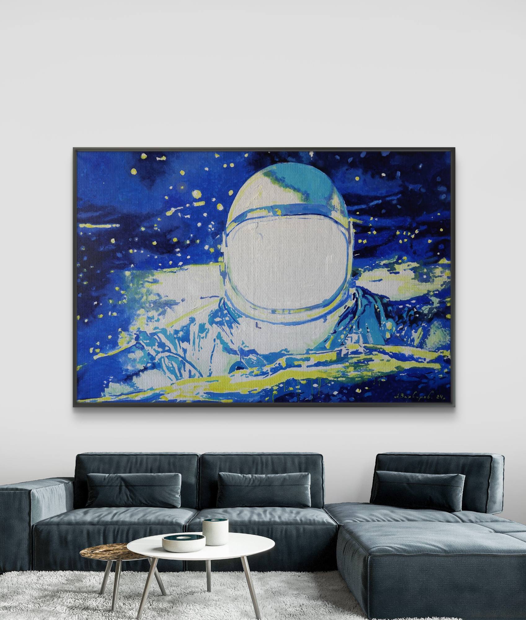 Framed artwork of an astronaut in space above a modern living room setup.
