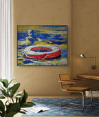 Colorful abstract painting of a boat on a wall in a room with a chair and desk.
