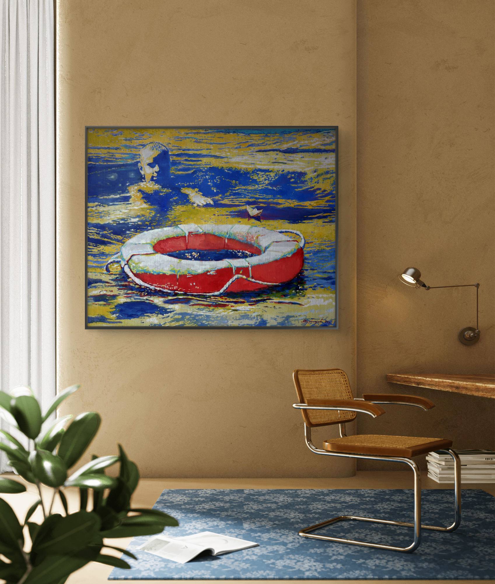 Colorful abstract painting of a boat on a wall in a room with a chair and desk.