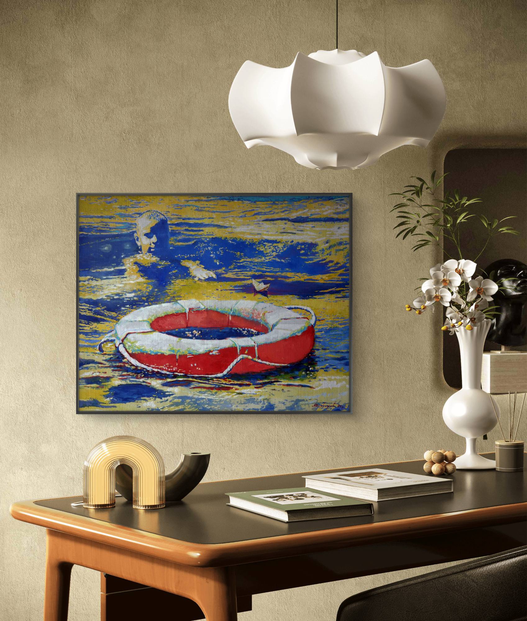 Decorative painting of a life buoy on a wall above a desk with a modern light fixture.