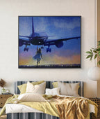 Framed artwork of a plane and person on a wall above a bed with yellow bedding.