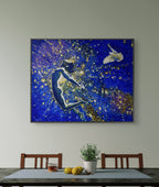 Framed abstract painting of a person and butterfly on a wall above a dining table.