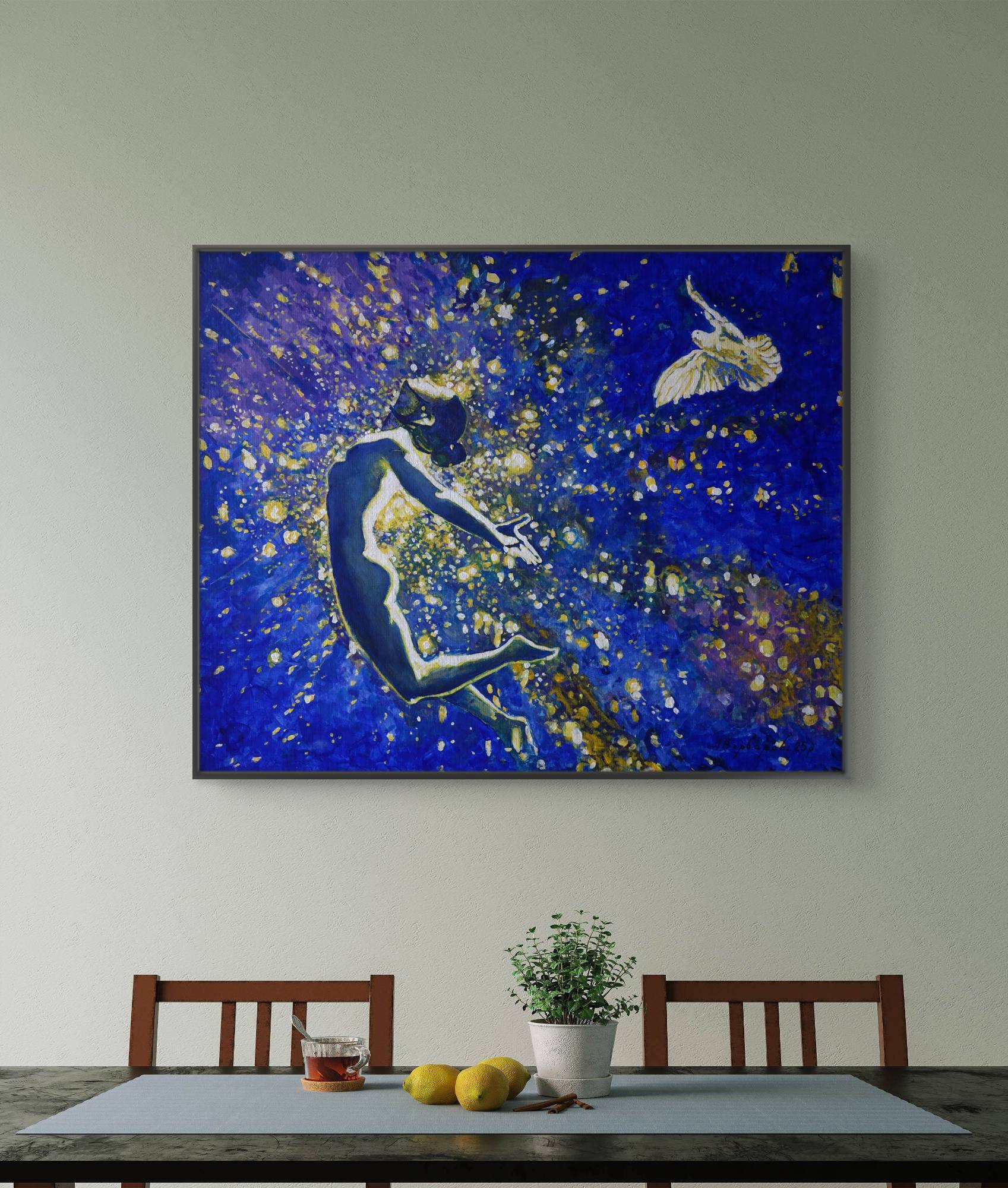 Framed abstract painting of a person and butterfly on a wall above a dining table.