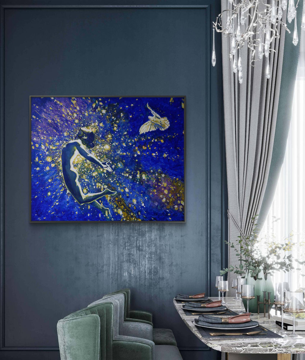 Dining room with a blue abstract painting on the wall, green chairs, and a chandelier.