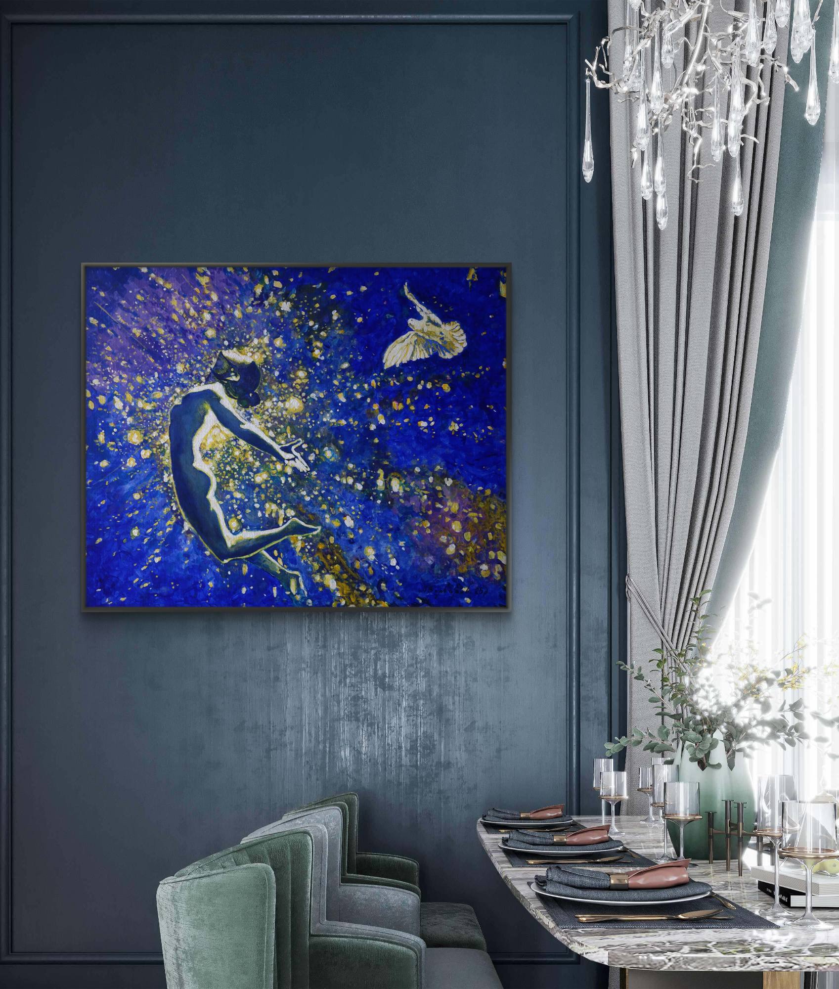 Dining room with a blue abstract painting on the wall, green chairs, and a chandelier.