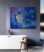 Abstract painting of a person sitting on a starry night sky in a modern bathroom.