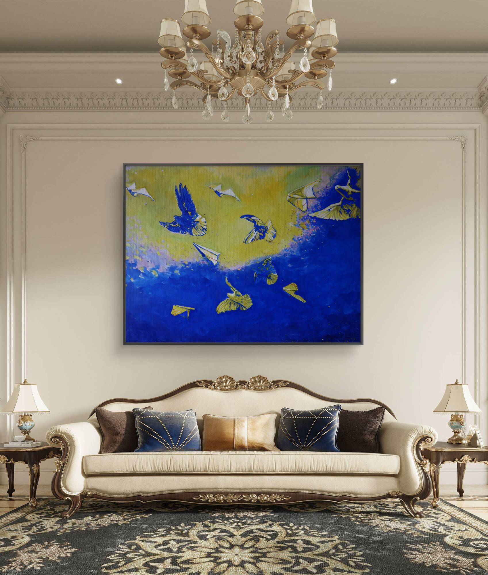 Luxurious living room with a painting of birds, a chandelier, and a sofa.