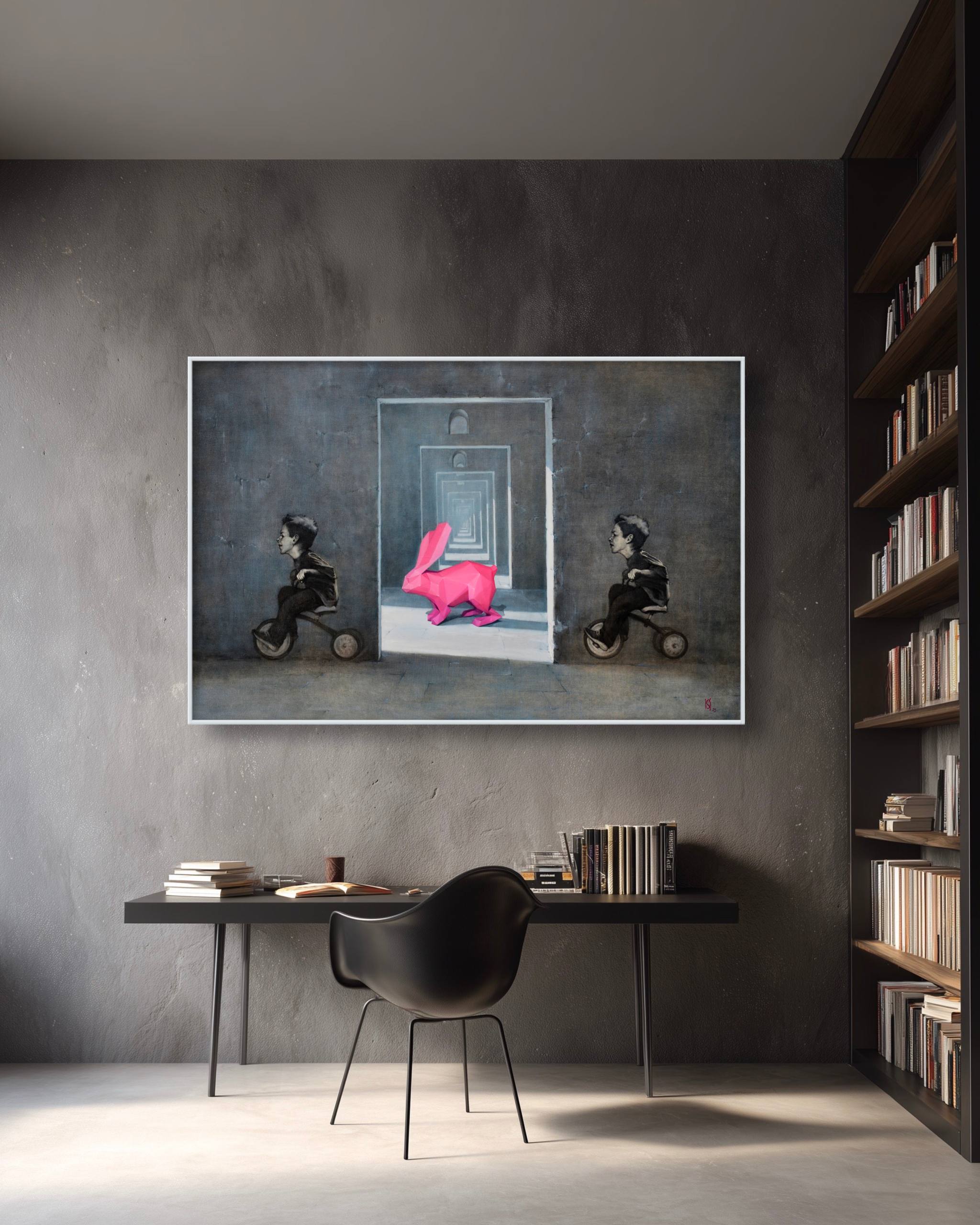 Modern interior with a framed artwork on a gray wall, a desk, and bookshelves.